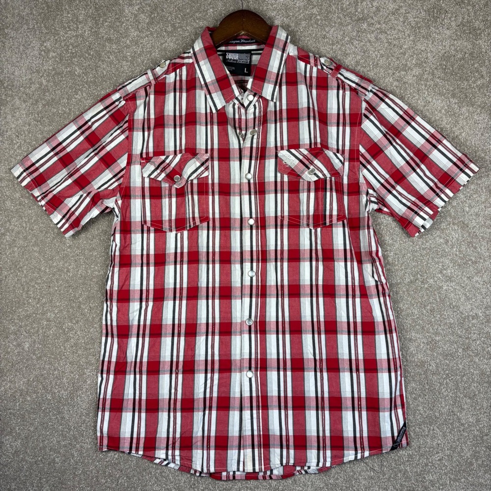 Southpole Mens Red Plaid Snap Front Short Sleeve Shirt Epaulettes Large